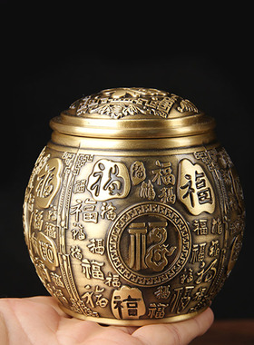 铜茶叶罐摆件  百福铜茶叶罐w摆件 百福铜米缸罐摆件 带盖铜缸摆