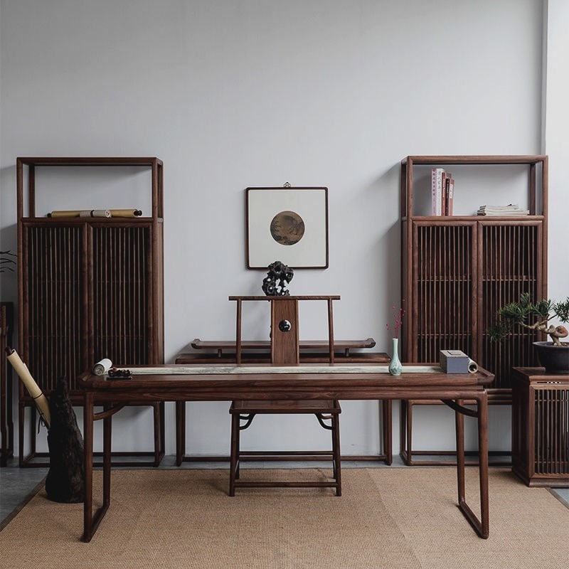 新中式书桌老榆木书n法桌实木毛笔写字台老式禅意简约办公轻奢书 - 图0