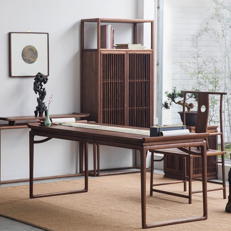 新中式书桌老榆木书n法桌实木毛笔写字台老式禅意简约办公轻奢书 - 图1