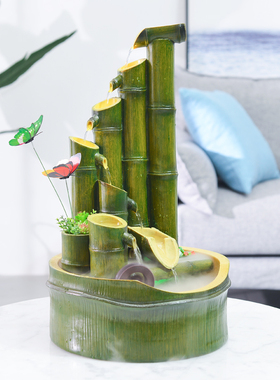 招财竹子流水喷泉风水轮摆件加湿器创意客厅办公室内小假山装饰品