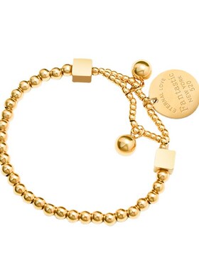 韩国复古钛钢手链 镀18K金钢珠love圆牌弹力线双层叠戴手链手饰品