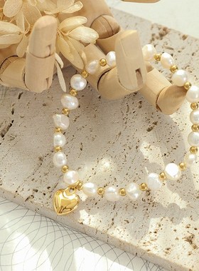 法式个性气质淡水珍珠拼接钢珠手链女时尚创意设计桃心吊坠手串