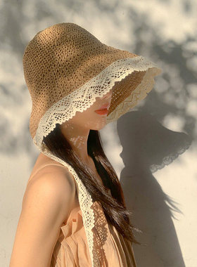 夏季法式蕾丝飘带大檐遮阳草帽女