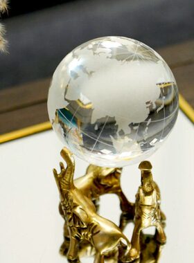 费灵家居印度进口手工黄铜大象水晶球书房摆件地球仪装饰工艺品