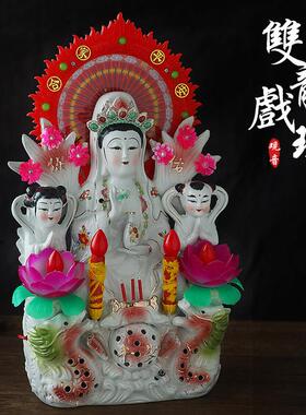 陶瓷观音菩萨佛像白玉镀金插电观音莲花客厅家用玄关工艺摆饰