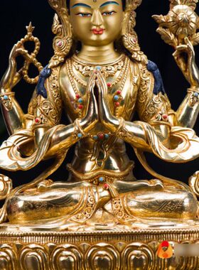 尼泊尔观音菩萨铜像12寸铜镀金西藏嵌宝石现代雕花居家铜像摆件