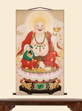 如意弥勒佛高清挂画布袋和尚招财笑佛国画复古风格无框绢布壁饰客