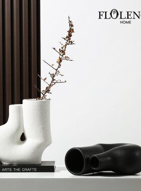 现代简约黑色几何陶瓷花瓶 样板房软装客厅餐桌面高档插花花器