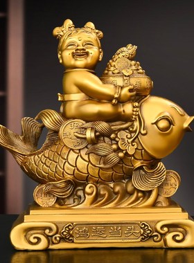 纯铜鸿运当头摆i件黄铜童男童女铜像年年有鱼全铜童子送福童子送