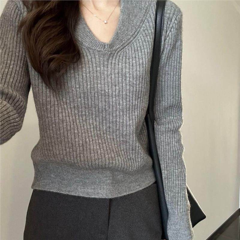 美式复古杏色v领长袖简约毛衣女秋冬高级感显瘦内搭打底针织上衣,淘宝优惠券,粉丝福利购,淘宝优惠卷