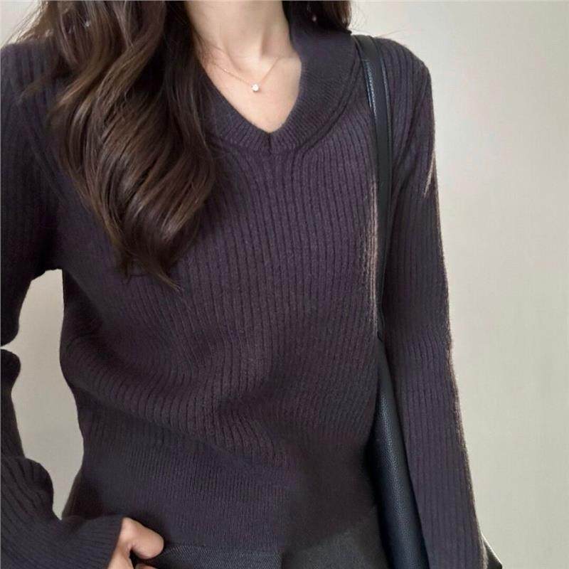 美式复古杏色v领长袖简约毛衣女秋冬高级感显瘦内搭打底针织上衣,淘宝优惠券,粉丝福利购,淘宝优惠卷