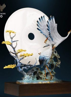 雅约全铜摆件玉石平安扣松鹤延年家居客厅茶室玄关装饰贺寿工艺品