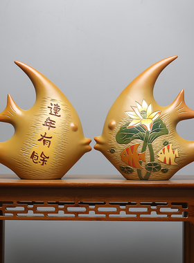 中式陶瓷客厅g进门入户玄关隔断博古架小摆件酒柜装饰品对鱼工艺