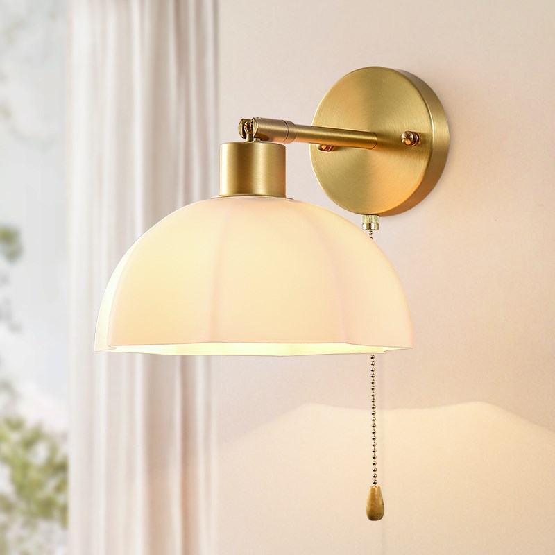床头壁灯拉线开关客厅壁挂法式奶油风复古卧室美式阅读全铜墙壁灯 - 图0