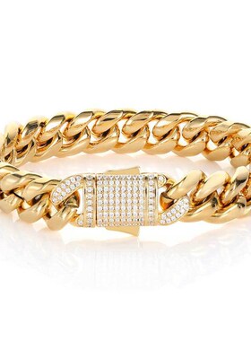 欧美跨境不锈钢饰品锆石弹簧扣古巴链钛钢手链嘻哈个性男士手饰