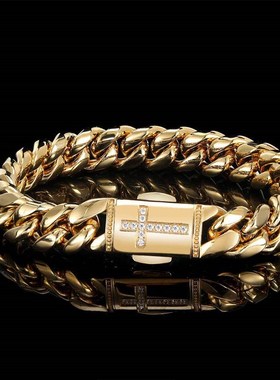 欧美爆款热销不锈钢古巴链迈阿密微镶锆石弹簧按扣个性头潮流手链