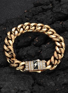 欧美新品闪电锆石弹簧扣不锈钢古巴手链跨境嘻哈钛钢饰品男士手链