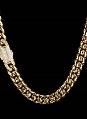 亚马逊热卖 嘻哈不锈钢加密古巴链满钻弹簧扣hiphop个性男士项链