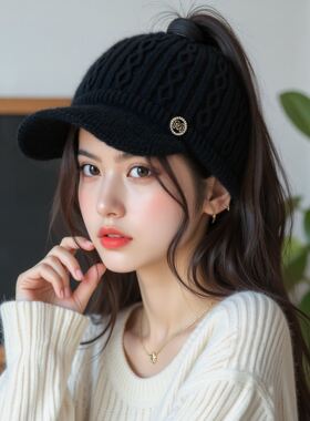 可扎高马尾空顶帽子女2025新款秋冬季针织帽保暖鸭舌帽无顶棒球帽