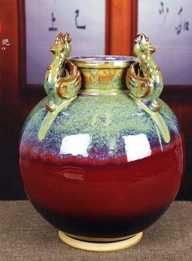 禹州钧瓷花瓶家居客厅玄关摆件钧窑变陶瓷红色大肚古典招财四季罐