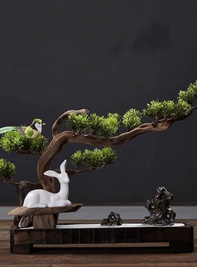 新中式禅意枯山水摆件微景观假山迎客松沙盘办Q公室家居客厅装饰