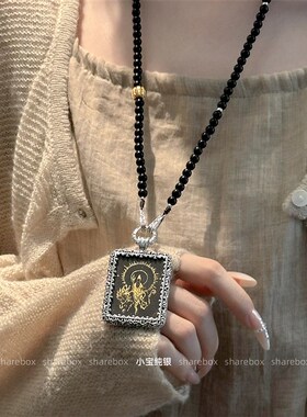 S925银黑檀圆珠r金色金刚杵六字真言镶嵌老山檀珠项炼