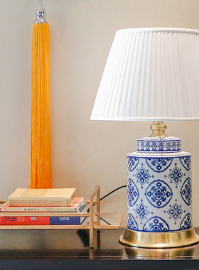 中式复古大气全铜青花陶瓷台灯 新古典样板房客厅U卧室床头柜摆件