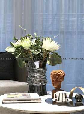 现代简约欧式轻奢银色镜面金属圆形托盘摆K件样板房售楼处软装饰