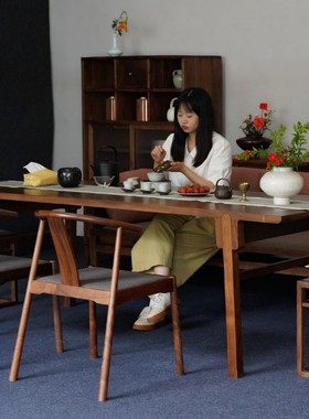 新中式黑胡e桃木长桌茶家具茶室禅意简约实木会客桌餐桌茶桌