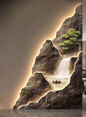 流水生财入户玄关装饰画高级感走廊尽头壁画山水风景挂画背有靠山