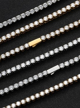 欧美嘻哈钛钢饰品4mm弹簧扣不锈钢网球项链潮牌男士锆石项链