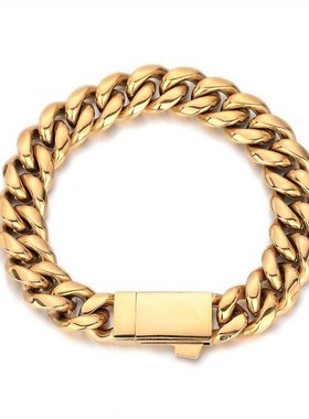 欧美跨境嘻哈弹簧扣不锈钢链条加密古巴链钛钢饰品高级感男士手链