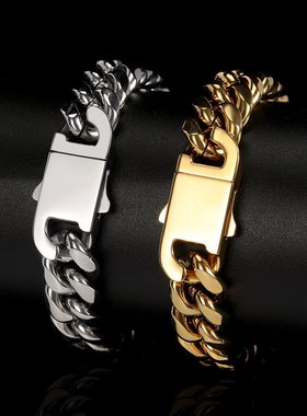 欧美跨境嘻哈不锈钢古巴手链弹簧扣圆磨加密钛钢男士手链饰品