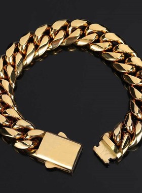 跨境欧美弹簧扣不锈钢古巴链男士手链潮牌嘻哈钛钢手链饰品