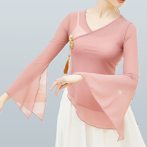 古典舞新款身韵飘逸纱衣演出服女中国风仙女开叉喇叭袖舞蹈上衣女 - 图1