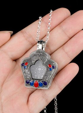 S925银吊坠藏传十字杵珐琅彩嘎乌盒个性名族风纯银吊坠配饰项链礼