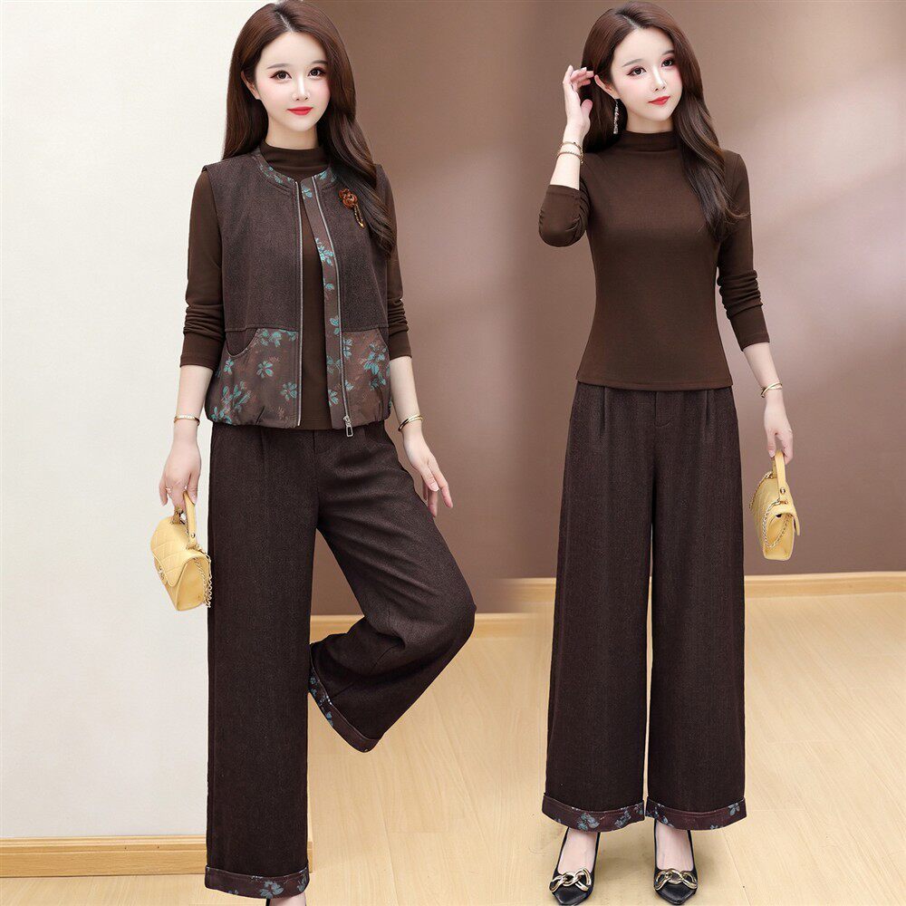 High-end national style vest trousers 2026 new style female autumn middle-aged mother's popular high-end three-piece set this year