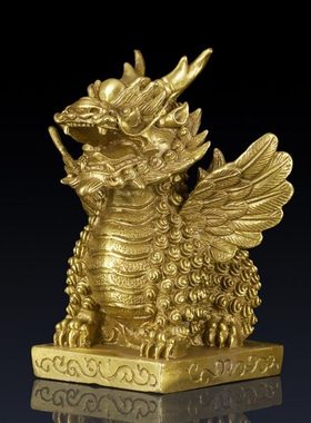 纯黄铜麒麟摆件铜麒麟家居饰品客厅摆件办公室招财铜麒麟摆件