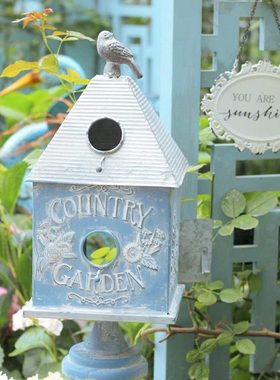 森得源铁艺复古篮花鸟浮雕鸟屋创意摆件花园橱窗家居客厅阳台道具