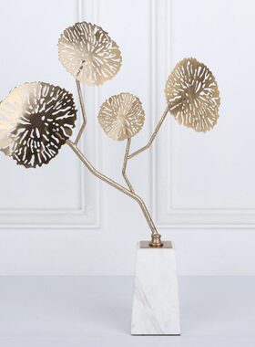 新中式荷叶工艺品金属大理石简约装饰摆件样板房客厅酒店软装饰品