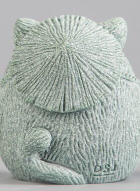 青砂石猫钓鱼茶宠鱼缸造景中式居家办公创意国潮精品动物装饰摆件