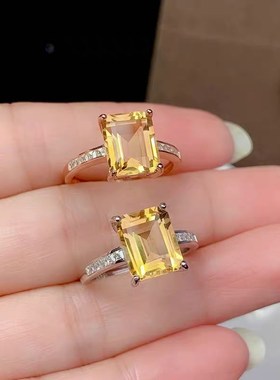 天然黄水晶戒指女925银镶嵌原石彩宝流行指环小清新礼物饰品