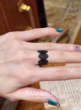 S925纯银黑蕾丝戒指小众设计轻奢