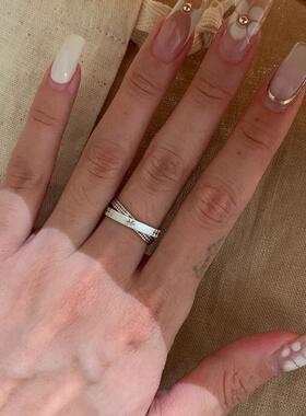 S925纯银复古拉丝星芒双环戒指女