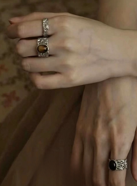 S925纯银中古银色蕾丝肌理戒指女