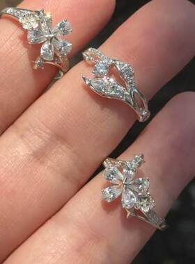 S925纯银精致银色星星花朵戒指女