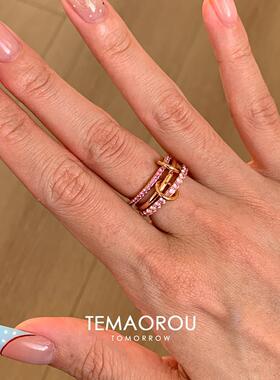 S925纯银嗲粉排钻金戒指小众设计