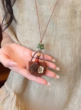 夏日波西米亚风编织小草帽项链女