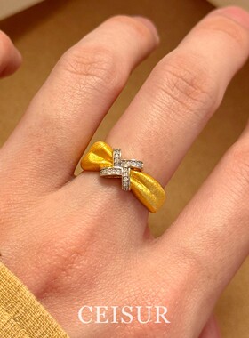 S925纯银拉丝交织闪钻戒指女小众