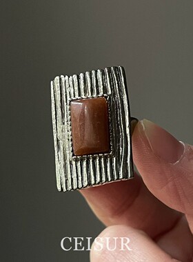 S925纯银文艺复古方块棕色戒指女